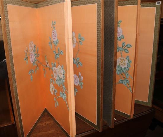 A pair of Chinese four fold screens, painted with peonies H.88cm